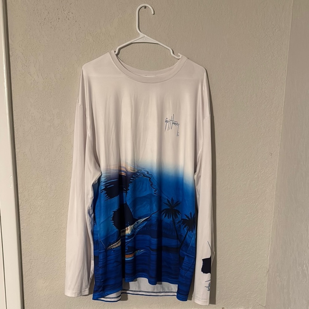 Guy Harvey Blue and White Long Sleeve Shirt with Watercolor Gradient